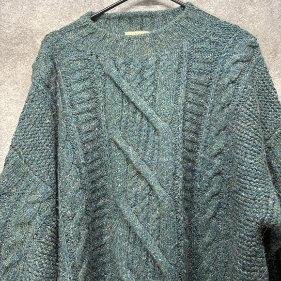 VTG 80s LL Bean Handknit Cable Knit Fisherman Sweater Mens Large Wool Dark Green - Picture 2 of 12